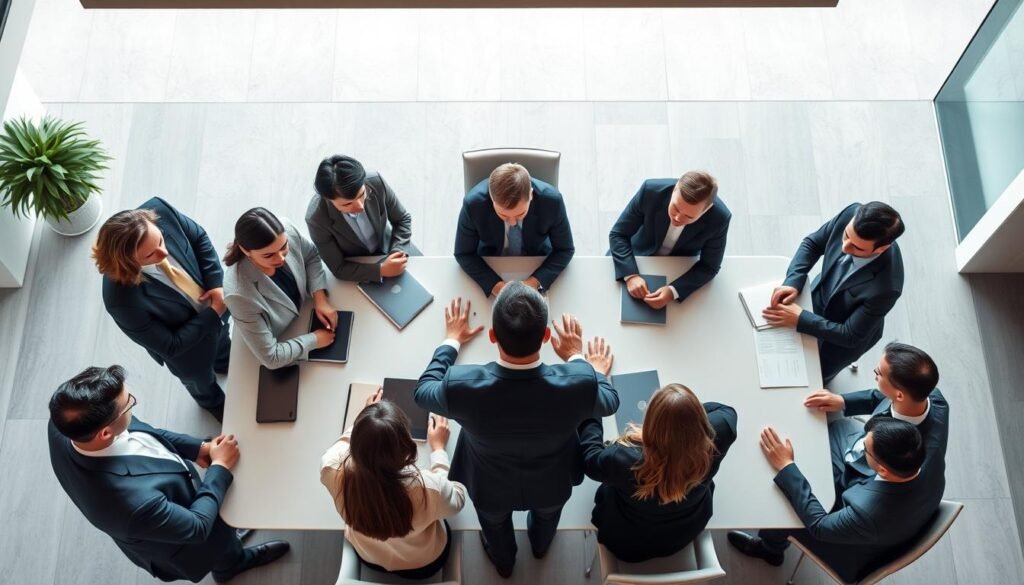 A striking overhead view of a diverse group of professionals in a modern banking office. The foreground features a team of business leaders in formal attire, engaged in a collaborative meeting around a sleek conference table. The middle ground showcases various banking roles, from wealth managers to loan officers, each represented by a carefully posed individual. The background blurs into a minimalist office landscape, with clean lines, subtle lighting, and a sense of professional dynamism. The scene conveys a cohesive, high-caliber team capable of delivering exceptional executive search services within the Colombian banking sector.