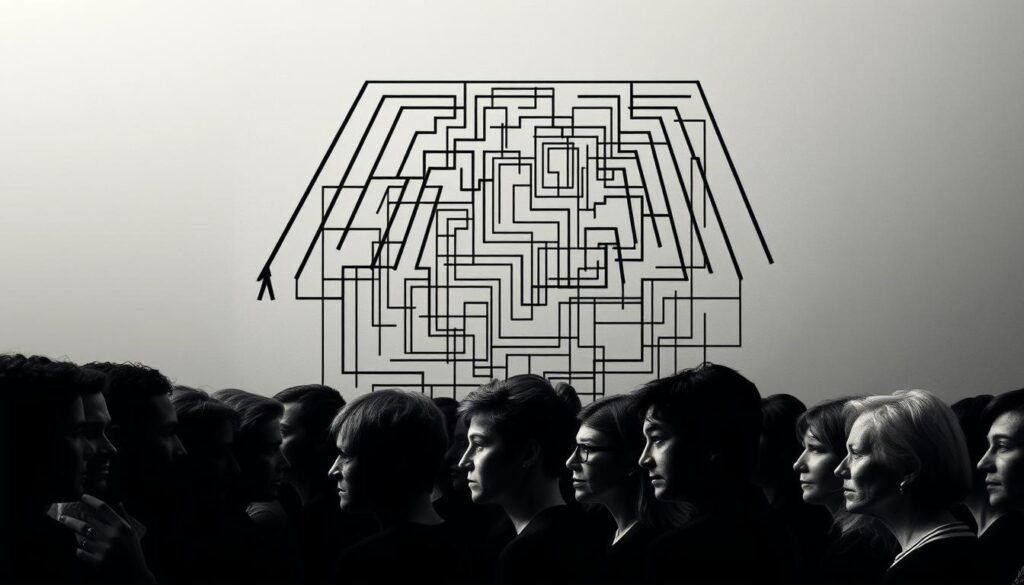A striking visual representation of unconscious biases that plague executive selection. In the foreground, a diverse array of faces in profiles, subtly distorted and fragmented, symbolizing the complex and often undetected nature of these biases. In the middle ground, a maze-like structure of overlapping lines and shapes, creating a sense of disorientation and systemic challenges. The background features a muted, monochromatic palette, conveying the somber and pervasive nature of these issues. Soft, diffused lighting casts a contemplative mood, inviting the viewer to reflect on the profound impact of unconscious biases. The composition emphasizes the nuanced and interconnected nature of these biases, challenging the viewer to confront the invisible barriers that hinder executive selection.