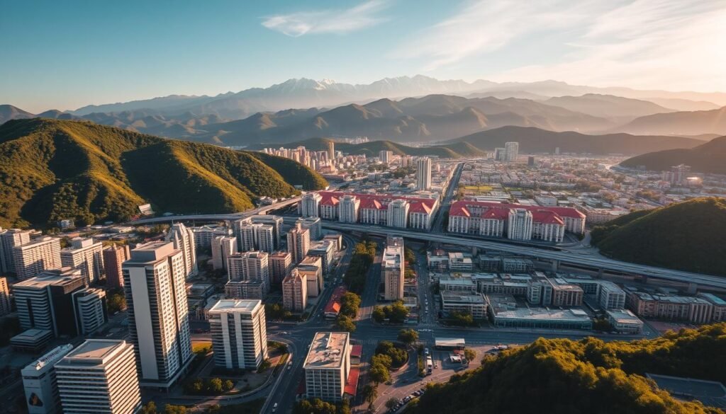 A stunning aerial view of the bustling city of Medellín, the capital of Antioquia department in Colombia. The vibrant cityscape is nestled amidst lush green hills, with modern high-rise buildings and infrastructure juxtaposed against the rugged natural landscape. Warm, golden sunlight bathes the scene, casting long shadows and highlighting the unique architecture. In the foreground, a thriving business district with sleek, contemporary office towers conveys a sense of dynamic progress and innovation. The middle ground features a blend of residential neighborhoods and commercial hubs, bustling with activity. In the background, the majestic Andes mountains rise up, providing a dramatic and awe-inspiring backdrop to the entire scene. The overall impression is one of a forward-thinking, prosperous city that is embracing its natural surroundings and charting a bold path forward.