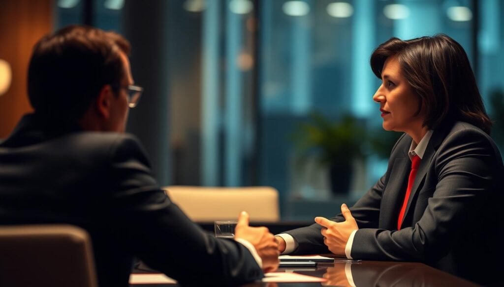 A stylish, professional business setting with a corporate interview in progress. In the foreground, two people sit across a table, engaged in a meaningful discussion. The interviewer, dressed in a sharp suit, leans forward intently, making eye contact with the candidate, who speaks with confident body language. Soft lighting creates a warm, focused atmosphere, while the background is blurred, emphasizing the connection between the two individuals. The scene conveys a sense of active, competency-based evaluation, with the aim of identifying the most suitable candidate for a high-level leadership role.