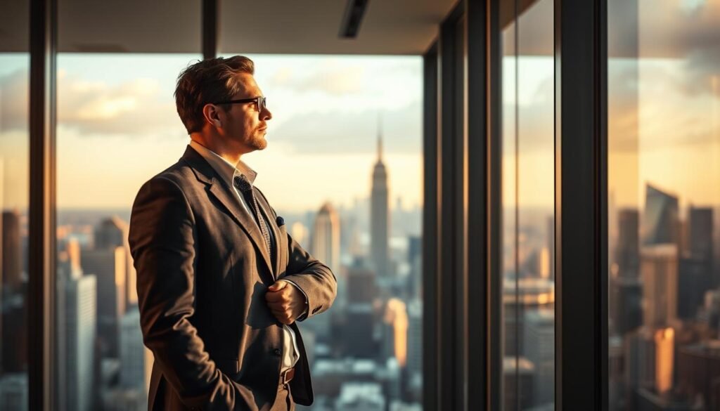 A stylishly dressed business executive standing in a modern office, thoughtfully gazing out a large window overlooking a bustling city skyline. The scene is captured with a shallow depth of field, drawing the viewer's attention to the CFO's pensive expression. Warm, directional lighting from the side accentuates the executive's features and casts dramatic shadows, creating a sense of depth and atmosphere. The background is blurred, hinting at the busy corporate environment while keeping the focus on the central figure, the external CFO poised to take charge.