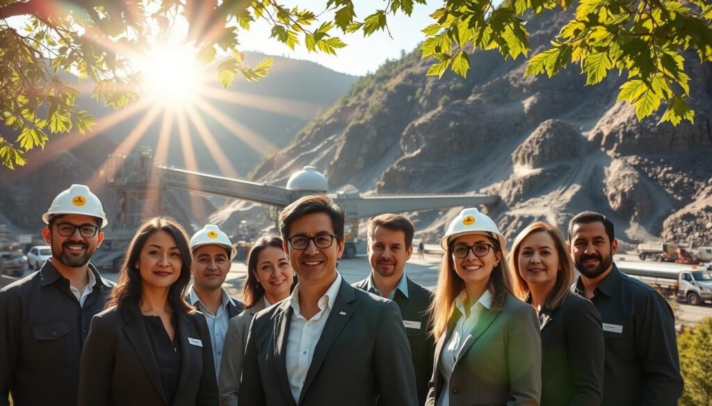 A sun-dappled scene showcasing the tangible results of executive search efforts in the Colombian mining industry. In the foreground, a group of confident, capable mining executives stand together, their faces reflecting a sense of purpose and accomplishment. The middle ground features a state-of-the-art mining operation, with sleek, high-tech equipment and bustling activity. The background showcases the rugged, yet breathtaking, Colombian landscape, highlighting the natural resources that drive this vital industry. The overall atmosphere conveys a sense of professionalism, success, and a deep commitment to the growth and prosperity of the mining sector.