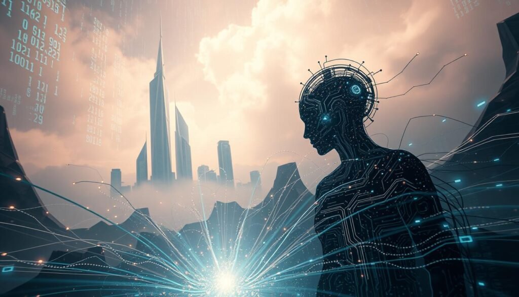 A surreal, futuristic landscape depicting the concept of "inteligencia artificial" (artificial intelligence). In the foreground, an abstract humanoid figure made of intricate circuits and glowing lines emerges from a swirling vortex of data streams. The middle ground features towering structures of gleaming metal and glass, suggesting a hyper-advanced technological city. The background is shrouded in a hazy, ethereal atmosphere, with cascading shards of digital code and ethereal energy fields. Dramatic lighting creates a sense of mystery and wonder, while the overall composition conveys the power, complexity, and potential of artificial intelligence. Captured with a cinematic, wide-angle lens to emphasize the grand scale and futuristic ambiance.