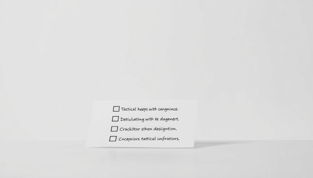 A tactical checklist against a clean, minimalist background. In the foreground, a checklist with checkboxes and items written in a sans-serif font, conveying efficiency and organization. The middle ground features a subtle grid pattern, suggesting structure and planning. The background is a muted, neutral tone, allowing the checklist to take center stage. Soft, directional lighting casts gentle shadows, adding depth and dimension to the scene. The overall mood is professional, focused, and ready for action, reflecting the tactical nature of the content.