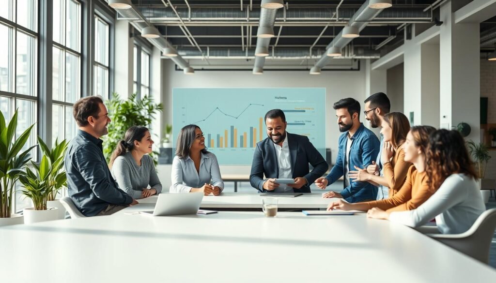 A team of human resources professionals collaborating in a modern, well-lit office environment. The foreground features a group of diverse colleagues gathered around a table, engaged in an animated discussion. In the middle ground, a sleek digital dashboard displays performance metrics and productivity insights. The background showcases an open-concept workspace with minimalist decor, large windows allowing natural light to flood the room, and potted plants adding a touch of greenery. The overall mood is one of productivity, efficiency, and a focus on high-value tasks that drive organizational success.