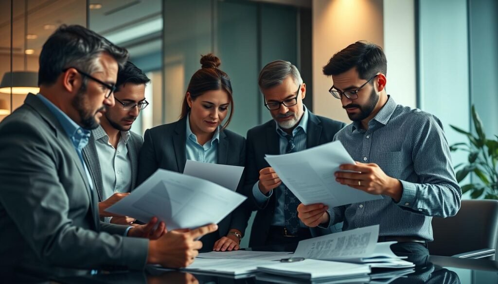 A team of seasoned headhunters gathered in a modern, minimalist office, meticulously poring over resumes and profiles. Soft, directional lighting casts a contemplative glow, highlighting their focused expressions as they discuss potential candidates to replace an underperforming executive. The scene conveys a sense of discreet, methodical professionalism - the headhunters work with precision, orchestrating a delicate process to find the perfect fit for their client's needs.