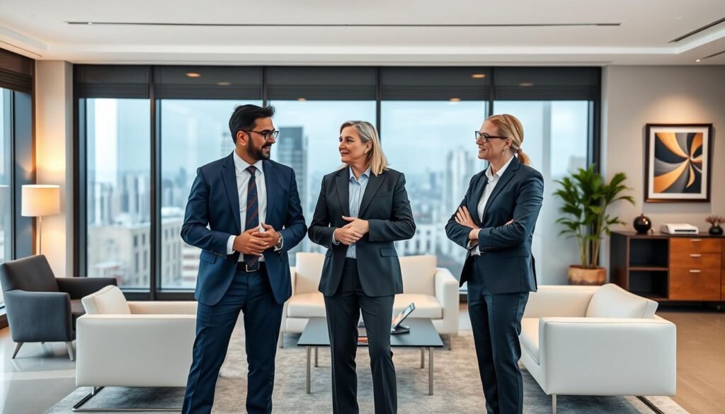 A team of senior business consultants standing confidently in a modern, well-lit office setting. The foreground features three professionals dressed in formal attire, with a diverse range of ages, ethnicities, and genders. They are engaged in a discussion, gesturing and making eye contact. The middle ground showcases a contemporary, minimalist workspace with sleek furniture and large windows overlooking an urban skyline. The background subtly suggests a sense of corporate success and expertise, with framed artwork and tasteful decor. Subtle, warm lighting from overhead fixtures creates a polished, professional atmosphere. The overall impression is one of a seasoned, capable consulting team ready to address the challenges of the manufacturing industry in Colombia.