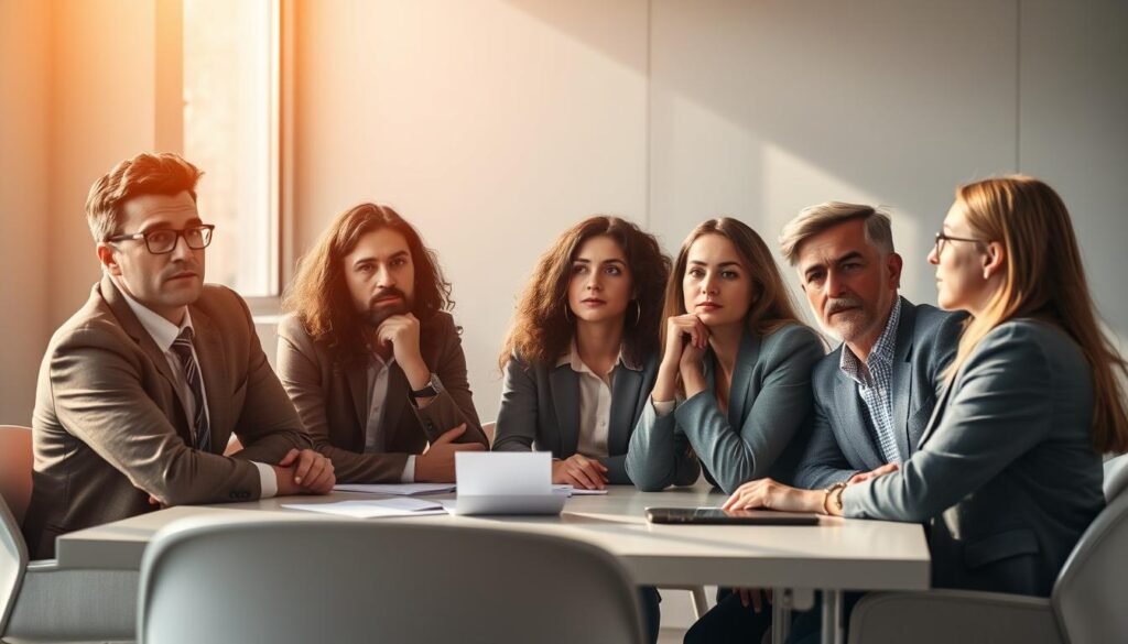 A thoughtful group of candidates sitting around a table, engaged in a serious discussion. The scene is bathed in warm, natural lighting that casts a contemplative mood. The candidates' expressions convey a sense of ethical dilemma and careful consideration of bias and compliance factors. The background features a minimalist office setting with clean lines and muted colors, allowing the subjects to be the focal point. The overall composition suggests a balanced, responsible approach to talent selection powered by AI.