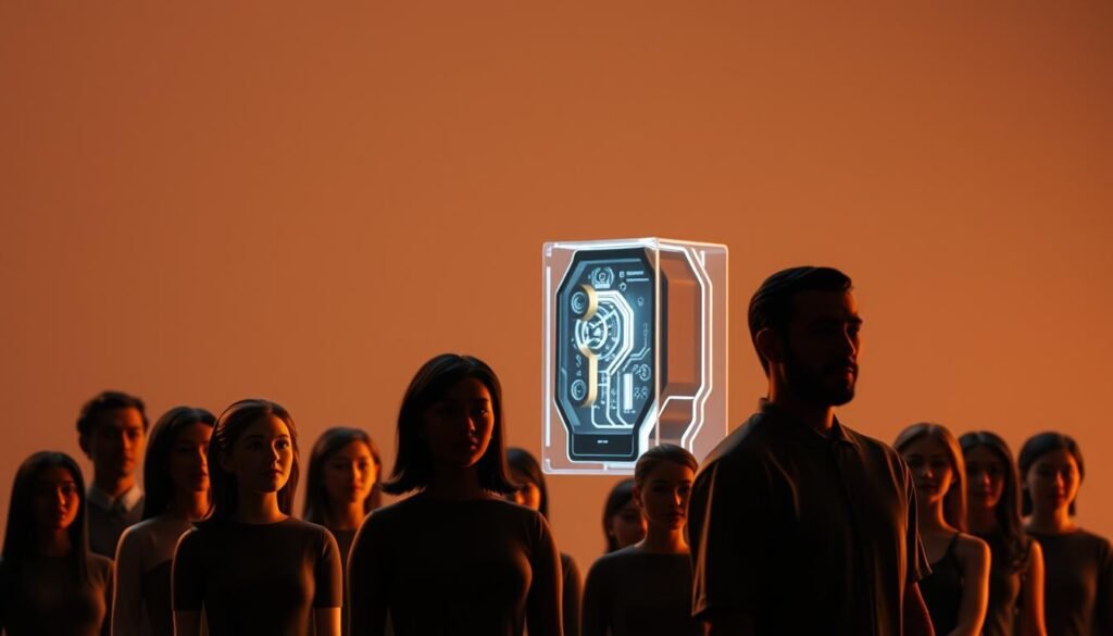 A thoughtful, minimalist composition depicting the core concepts of "ética, sesgos y transparencia" in the context of responsible AI usage. In the foreground, a group of diverse human figures, their expressions serious yet hopeful, standing united. In the middle ground, a sleek, futuristic AI interface, its inner workings visible through a transparent casing. The background fades into a soft, ethereal gradient, suggesting the complex, multifaceted nature of the topic. Warm, muted tones convey a sense of contemplation and depth. Dramatic, side lighting casts dramatic shadows, highlighting the interplay of light and transparency. The overall mood is one of contemplation, balance, and a commitment to ethical, unbiased AI development.
