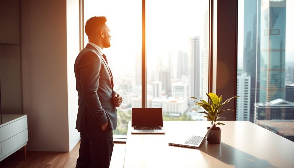 A thriving, innovative executive in a sleek, modern office setting. In the foreground, a confident individual dressed in a sharp, tailored suit stands before a large window, gazing out over a bustling city skyline. Soft, natural lighting filters in, casting a warm glow on the scene. The middle ground features a minimalist, yet sophisticated workspace, complete with a laptop, notepad, and a single potted plant, conveying a sense of productivity and focus. In the background, the cityscape is visible through the window, a blend of towering skyscrapers and lush greenery, reflecting the dynamic and forward-thinking nature of the corporate world. An atmosphere of professionalism, ambition, and innovation permeates the image, capturing the essence of a successful executive in the Colombian business landscape.