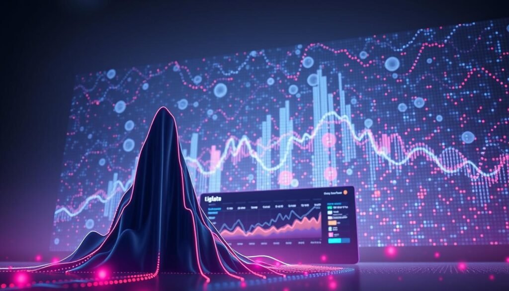 A towering data visualization takes center stage, its abstract forms and vibrant colors commanding attention. In the foreground, a striking graph or chart emerges, its lines and curves conveying the complexity and depth of the data. The middle ground features a sleek, high-tech dashboard, displaying key metrics and insights, while the background is filled with a dynamic, pulsing grid of data points, suggesting the vast, interconnected networks that underpin the world of big data. Soft, diffused lighting casts an ethereal glow, creating a sense of depth and dimension. The overall mood is one of sophistication, power, and the transformative potential of data-driven decision-making.