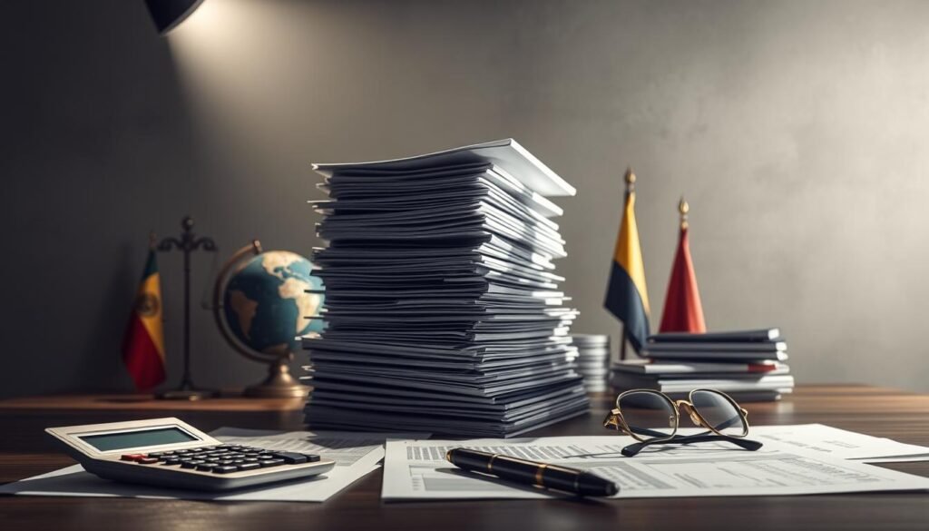 A towering stack of legal documents and financial statements, casting long shadows under a single focused spotlight. In the foreground, a calculator, pen, and eyeglasses, signifying the meticulous analysis required. The middle ground features a globe and flags, hinting at the international complexities of cross-border transactions. The background is a muted, professional palette, with subtle textures and gradients, evoking the gravity and seriousness of the tax and regulatory implications. The lighting is dramatic, creating a sense of weight and importance, as if the viewer is standing in the boardroom, confronting the challenges of closing or selling a subsidiary in Colombia.