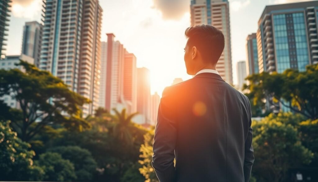 A tranquil cityscape with a vibrant contrast between the high-rise buildings and lush greenery, representing the juxtaposition of urban life and quality of living. In the foreground, a well-dressed professional stands, contemplating the balance between cost of living and the lifestyle afforded by the city. Warm, golden sunlight filters through the scene, creating a sense of prosperity and contentment. The composition captures the essence of the section title, highlighting the factors that attract and retain top talent in the relocation of operations from China to Mexico.