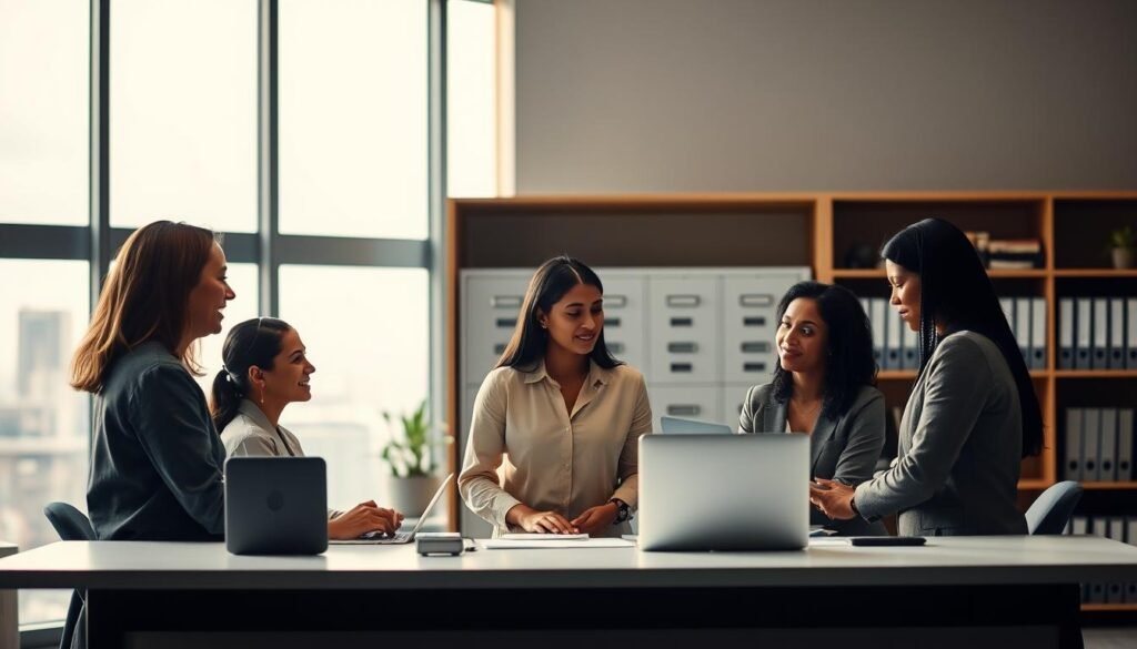 A tranquil, professional office setting with a warm, inviting atmosphere. In the foreground, a team of diverse, engaged human resources professionals collaborating at a sleek, modern desk. Subtle lighting casts a soft glow, highlighting their attentive expressions and body language, conveying a sense of security and trust. The middle ground features a backdrop of neatly organized file cabinets and shelves, symbolizing the careful management of employee records and data. In the background, a large window overlooks a serene cityscape, underscoring the stable, reliable nature of the human resources services provided. Overall, the scene evokes a harmonious, well-managed work environment dedicated to ensuring the safety and wellbeing of the company's most valuable asset - its people.