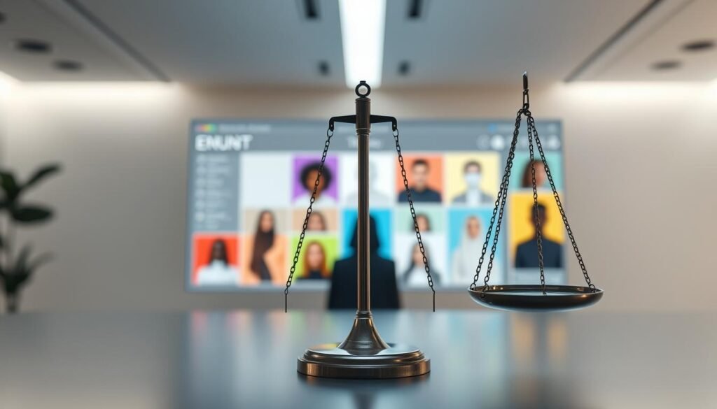 A transparent, ethically-guided HR process with an AI-powered candidate selection. In the foreground, a balanced scale symbolizing impartiality, surrounded by a serene, minimalist environment with subtle lighting. The middle ground features diverse, faceless candidate profiles, each with a distinct color-coded border, representing the ethical principles of transparency and accountability. The background showcases a sleek, technology-driven interface, hinting at the AI-driven nature of the selection, yet maintaining a sense of harmony and professionalism. The overall mood conveys trust, fairness, and a commitment to responsible AI implementation in human resources.