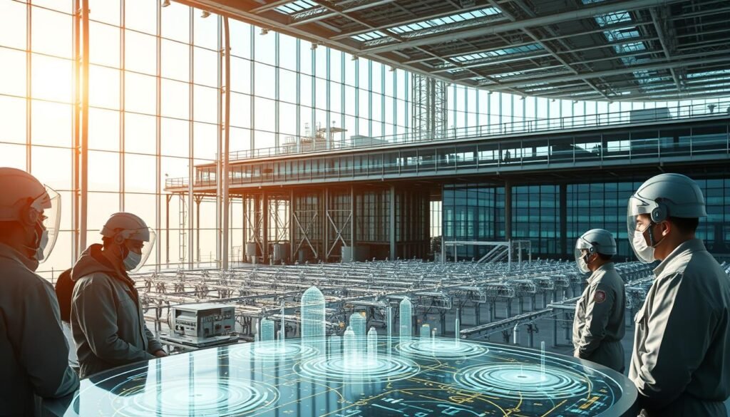 A vast, open-air facility buzzes with activity, its expansive glass panels reflecting the bright, natural light. In the foreground, a team of technicians clad in protective gear monitors a series of holographic displays, their faces etched with concentration as they analyze real-time data streams. The middle ground features a network of interconnected sensors and cameras, meticulously tracking the environment's vital signs - temperature, humidity, and air quality. In the background, a towering control center stands as a testament to the facility's commitment to safety, its sleek, modern design evoking a sense of technological sophistication. Overhead, a sophisticated lighting system bathes the scene in a warm, inviting glow, creating an atmosphere of diligence and professionalism.
