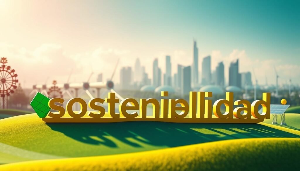 A vibrant, abstract landscape showcasing the principles of sustainability. In the foreground, a stylized, geometric representation of the word "sostenibilidad" in warm tones, symbolizing the core concept. The middle ground features interlocking shapes and patterns in shades of green, blue, and yellow, depicting the interconnected nature of environmental, social, and economic factors. In the background, a hazy, dreamlike cityscape with sleek, modern buildings and renewable energy infrastructure, suggesting the integration of sustainability into urban environments. Soft, diffused lighting casts a serene, contemplative mood, highlighting the harmony between progress and environmental stewardship. The composition conveys a sense of balance, innovation, and forward-thinking leadership in sustainable practices.