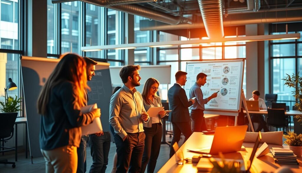 A vibrant and dynamic office scene, illuminated by warm, natural lighting streaming through large windows. In the foreground, a group of professionals collaborating on a digital whiteboard, actively engaged in the process of candidate sourcing. The middle ground features a team of recruiters and hiring managers reviewing candidate profiles on their laptops, with a sense of focus and purpose. In the background, a blend of modern office furnishings and technology, creating an atmosphere of innovation and efficiency. The overall mood conveys the excitement and collaborative energy of the recruiting process, driven by the power of artificial intelligence.
