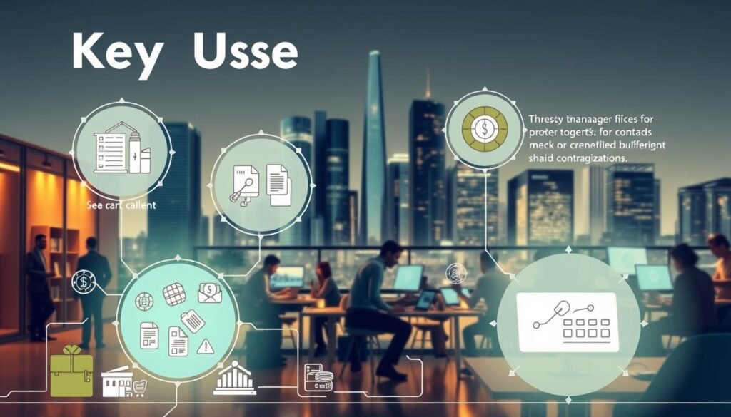 A vibrant and dynamic scene depicting the key use cases for a company's operations. In the foreground, there are various business processes represented by detailed icons and illustrations, such as supply chain management, financial transactions, and smart contract executions. The middle ground showcases a bustling office environment with employees collaborating on digital devices, underscoring the integration of these use cases into daily operations. The background features a sleek, modern skyline with towering skyscrapers, reflecting the company's technological sophistication and forward-thinking approach. Warm lighting creates a sense of productivity and efficiency, while a subtle blue-green color palette conveys a sense of trust and reliability.