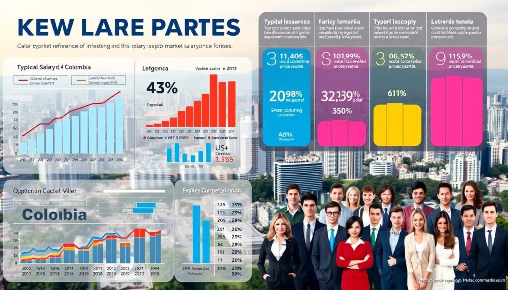 A vibrant and informative infographic showcasing key salary references for the Colombian job market. The foreground features a sleek, data-driven visualization with graphs, charts, and statistics illustrating typical compensation levels across various industries and roles. The middle ground showcases a diverse array of professional personas, each representing a different occupational profile. The background provides a subtle, muted cityscape of Bogotá, highlighting Colombia's economic dynamism. The overall scene exudes a sense of authority, clarity, and professionalism, suitable for a comprehensive analysis of the local labor market.