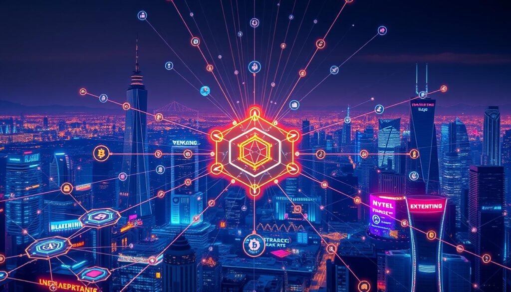 A vibrant and interconnected blockchain ecosystem, showcasing diverse digital assets seamlessly interoperating across multiple chains. In the foreground, a central hub represents the interoperability protocols, surrounded by various blockchain networks in a modular, interlocking arrangement. Rays of light emanate from the hub, illuminating the interconnected pathways and symbolizing the flow of data, value, and transactions. The middle ground features icons and visualizations depicting the integration of decentralized applications, wallets, and services, highlighting the efficiency and cost-effectiveness of the multi-chain environment. In the background, a futuristic cityscape with towering skyscrapers, glowing interfaces, and a sense of technological progress sets the stage for this innovative digital landscape.