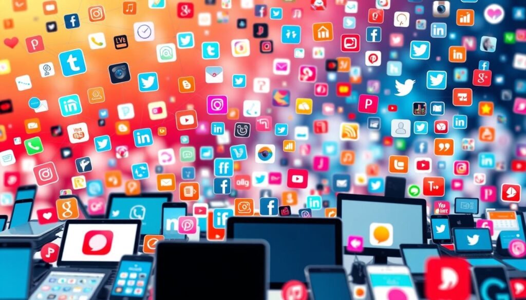A vibrant and visually engaging social media landscape, featuring a dynamic array of platforms, devices, and user interactions. The foreground showcases a diverse collection of contemporary digital devices, including smartphones, tablets, and laptops, all seamlessly interconnected through a web of colorful icons and digital interfaces. The middle ground is filled with a kaleidoscope of social media app logos, reflecting the wide range of platforms that capture the attention of the modern, tech-savvy Generation Z audience. The background is a soft, blurred gradient, creating a sense of depth and emphasizing the digital, immersive nature of the scene. The overall mood is one of connectivity, engagement, and the powerful influence of social media in the lives of young, ambitious professionals.