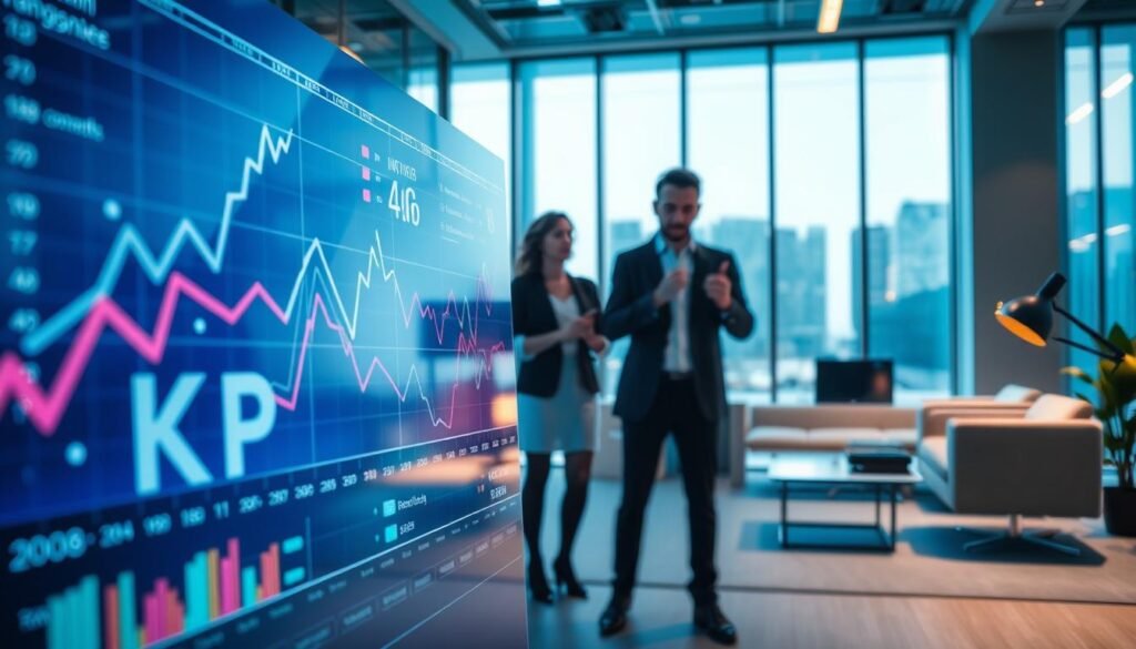 A vibrant, data-driven visualization depicting the KPIs, analytics, and decision-making process. In the foreground, a large coo chart or graph showcases key performance indicators, with clean lines and intuitive data visualizations. The middle ground features a trio of analysts intently studying the data, gesticulating and discussing insights. In the background, a sleek, minimalist office environment with large windows, modern furniture, and subtle lighting creates a professional, tech-forward atmosphere. The overall mood is one of analytical rigor, strategic thinking, and data-driven decision-making.