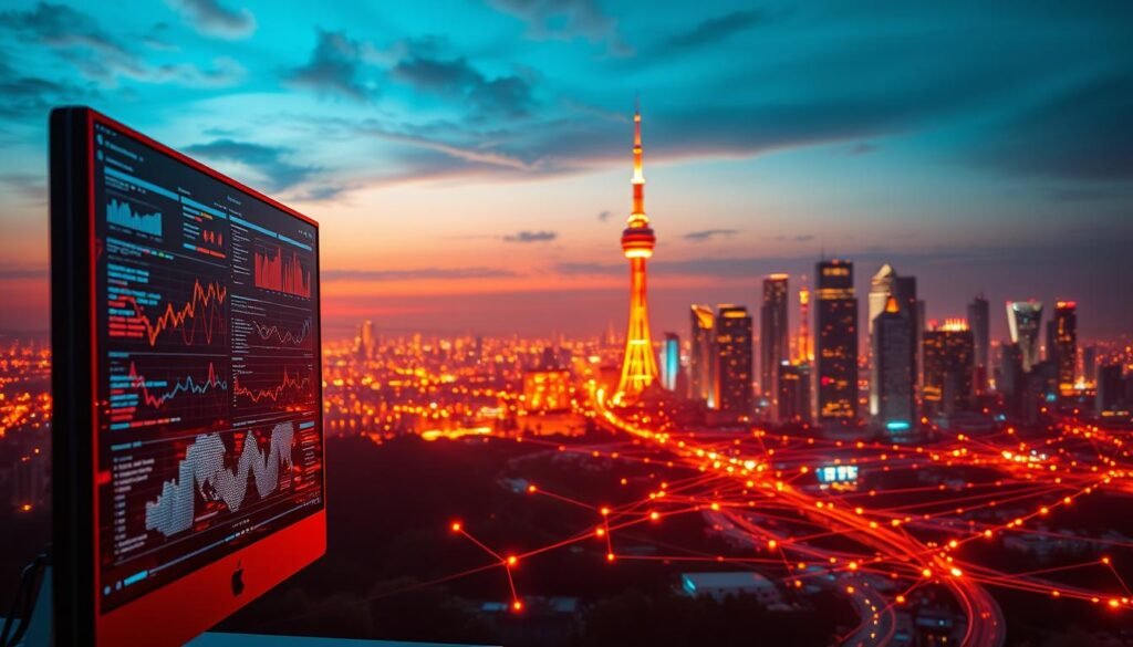 A vibrant digital landscape showcasing the seamless integration of technology and data. In the foreground, a sleek computer monitor displays intricate data visualizations, casting a warm glow over the scene. The middle ground features a stylized network of interconnected nodes and data streams, pulsing with energy and information. In the background, a cityscape of towering skyscrapers and glowing towers symbolizes the technological advancement and infrastructure that powers this data-driven world. Warm, directional lighting illuminates the scene, creating a sense of depth and emphasizing the interconnectedness of technology and data. The overall mood is one of innovation, efficiency, and the transformative power of information.