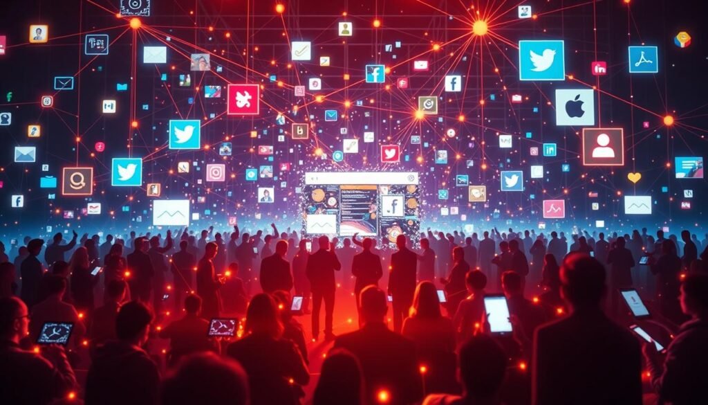 A vibrant digital landscape, where a central social media platform takes center stage. In the foreground, a sleek, modern interface filled with dynamic icons, sharing buttons, and a seamless flow of content. The midground depicts users actively engaged, scrolling, posting, and interacting, their silhouettes illuminated by the screen's glow. In the background, a kaleidoscope of interconnected devices, from smartphones to laptops, all tethered to the digital matrix. The scene is bathed in a warm, ambient light, creating a sense of connectivity and immersion. The overall atmosphere conveys the ubiquitous nature of social media, its integration into our daily lives, and its power to facilitate sourcing and connection.