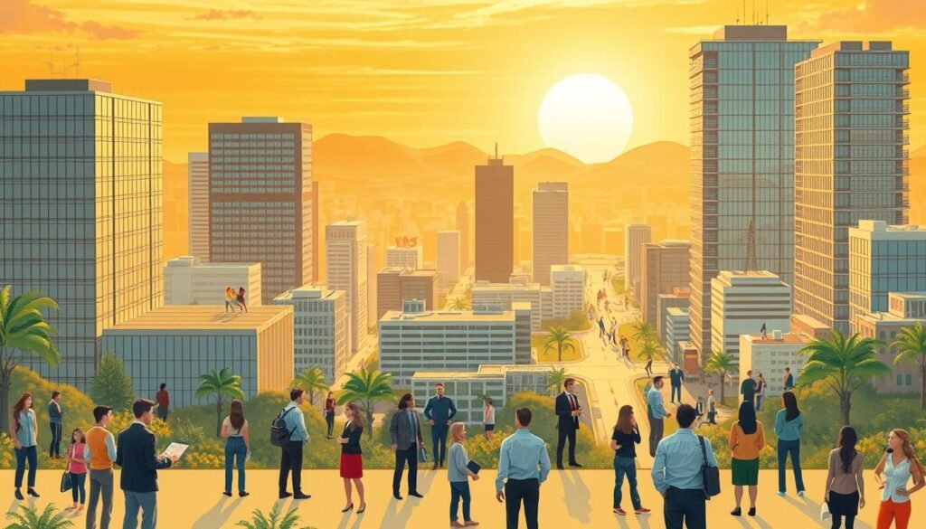 A vibrant, dynamic illustration of desarrollo (development) against the backdrop of a bustling urban landscape. In the foreground, a diverse array of people, each representing different aspects of organizational growth - a manager strategizing, employees collaborating, and professionals engaging in thoughtful discussions. In the middle ground, modern office buildings, thriving businesses, and a network of interconnected pathways, symbolizing the interconnectedness of a thriving organization. In the background, a warm, golden-hued sky, bathed in the soft glow of the sun, conveying a sense of progress, optimism, and a bright future ahead. Captured with a wide-angle lens, the scene is illuminated by natural, directional lighting, casting subtle shadows and highlights that add depth and dimension to the composition.