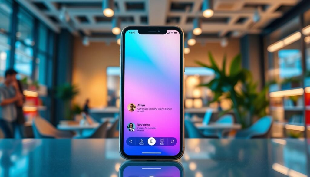 A vibrant, dynamic mobile application with a sleek, minimalist interface. The app's screen is showcased against a backdrop of a modern, tech-savvy office setting, with warm, diffused lighting and a hints of greenery for a balanced, natural ambiance. The app's interface features clean lines, bold typography, and strategically placed interactive elements, reflecting a user-centric design approach. The overall atmosphere conveys a sense of productivity, innovation, and the seamless integration of digital and physical retail experiences.