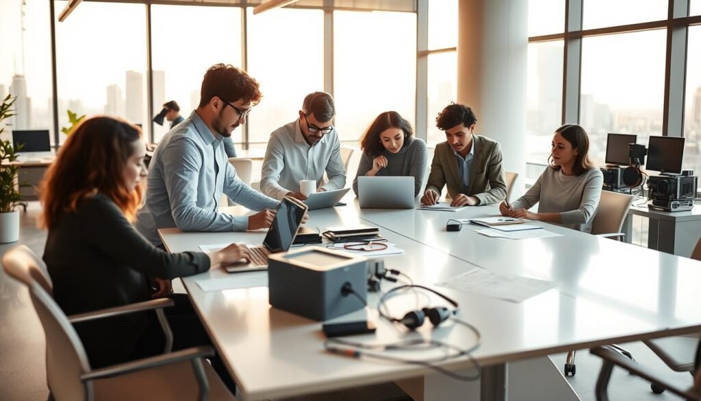 A vibrant, dynamic office setting showcasing productivity, commitment, and innovation. In the foreground, a diverse team collaborates intently around a sleek, minimalist conference table, digital devices and papers scattered across the surface. Soft, warm lighting filters in through large windows, casting a glow over the scene. In the middle ground, an array of cutting-edge technology and equipment symbolizes the company's innovative spirit. The background depicts a cityscape, representing the thriving, forward-thinking business environment. An atmosphere of focused energy, unity, and a drive to succeed permeates the space.