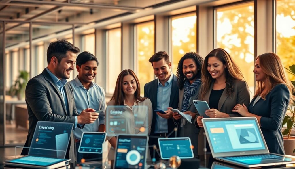 A vibrant, dynamic scene depicting strategic talent management solutions that empower growth. In the foreground, a diverse team of professionals collaborating, their expressions focused and engaged. The middle ground showcases a range of elegant, intuitive digital tools and platforms, their interfaces glowing with sophisticated design. In the background, a sleek, modern office environment, with floor-to-ceiling windows bathed in warm, natural light. The overall atmosphere exudes a sense of innovation, efficiency, and a commitment to unlocking the full potential of human capital. A vibrant, dynamic scene depicting strategic talent management solutions that empower growth. In the foreground, a diverse team of professionals collaborating, their expressions focused and engaged. The middle ground showcases a range of elegant, intuitive digital tools and platforms, their interfaces glowing with sophisticated design. In the background, a sleek, modern office environment, with floor-to-ceiling windows bathed in warm, natural light. The overall atmosphere exudes a sense of innovation, efficiency, and a commitment to unlocking the full potential of human capital.