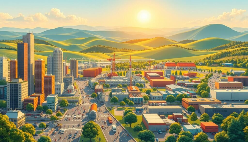 A vibrant, dynamic sector illustration showcasing a diverse range of business activities and industries. In the foreground, a bustling cityscape with towering skyscrapers, busy streets, and people navigating the urban landscape. The middle ground features various commercial establishments, factories, and warehouses, representing the economic engine of the sector. In the background, rolling hills, lush greenery, and a clear, sun-drenched sky create a sense of balance and sustainability. The scene is illuminated by warm, golden lighting, casting a positive and prosperous atmosphere. The overall composition conveys a thriving, multifaceted sector that is the backbone of the local economy.