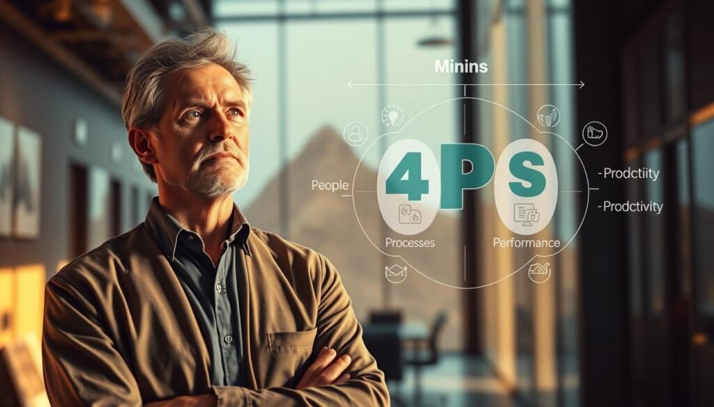 A vibrant, dynamic vision of the mining industry's leadership, illuminated by warm, natural lighting. In the foreground, a thoughtful, experienced executive stands tall, eyes focused on the future. Behind them, a metaphorical landscape of the 4P's framework - People, Processes, Productivity, and Performance - represented by geometric shapes and symbolic icons, conveying the ideological foundations of mining talent management. The middle ground features a sleek, modern office environment, hinting at the professional setting. In the background, a sense of depth and motion, suggesting the ever-evolving nature of the industry. The overall mood is one of purpose, innovation, and a deep understanding of the mining sector's unique challenges and opportunities.