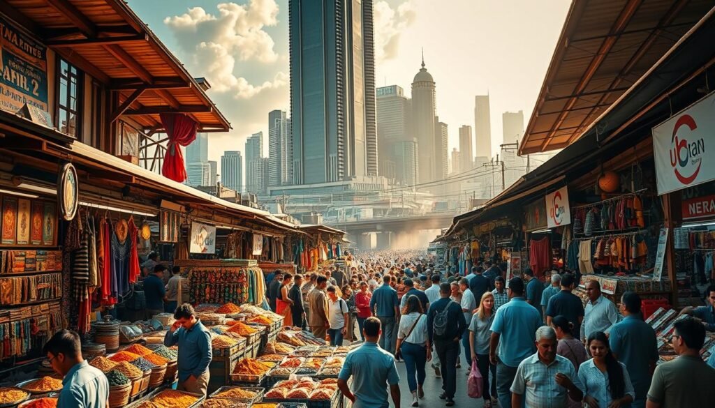 A vibrant, expansive international marketplace, bustling with diverse vendors and global wares. In the foreground, stalls display an array of exotic goods - handcrafted textiles, spices, and artisanal crafts. Mid-ground, crowds of shoppers weave through the throng, examining the wares. In the background, towering skyscrapers and modern infrastructure juxtapose the traditional market, symbolizing the interplay of local and global economies. Warm, golden sunlight filters through, casting a dynamic, inviting atmosphere. The scene conveys the potential for growth, opportunity, and international expansion, while respecting the enduring value of local, community-driven commerce.