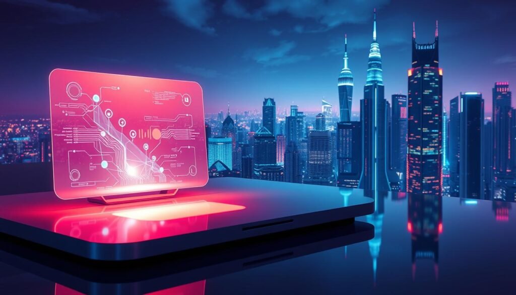 A vibrant, futuristic scene showcasing cutting-edge software technology. In the foreground, a sleek, holographic user interface hovers over a minimalist desk, the display's soft glow casting warm reflections across the polished surface. In the middle ground, an autonomous AI assistant materializes, its form composed of shimmering data streams and polygonal shapes. The background features a panoramic cityscape of towering skyscrapers, their facades adorned with programmable LED displays. The entire composition is bathed in a cool, chromatic lighting scheme, creating a sense of technological progress and innovation.