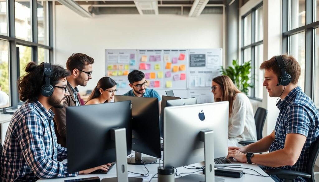 A vibrant group of software developers collaborating in a modern, well-lit office space. In the foreground, a diverse team of engineers deeply engaged in coding, debugging, and brainstorming solutions on their sleek, high-resolution monitors. The middle ground features a scrum board with Post-it notes, flowcharts, and project management tools, conveying an atmosphere of productivity and problem-solving. In the background, large windows flood the space with natural light, illuminating the open-concept layout and minimalist decor, creating a sense of focus and professionalism. The overall mood is one of dynamic, tech-savvy creativity, reflecting the skills and talents in high demand for tech and adjacent teams.