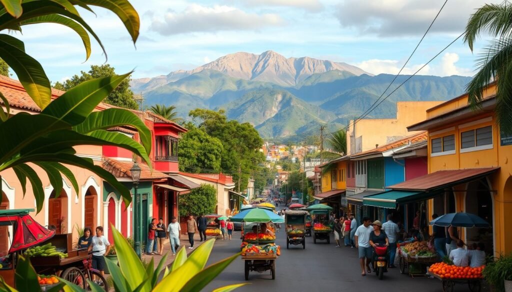 A vibrant landscape depicting the essence of Colombia, captured through a wide-angle lens. In the foreground, lush tropical foliage and colorful colonial-style buildings set the scene. In the middle ground, a bustling street lined with local vendors, their carts overflowing with fresh produce and handcrafted goods. In the background, the majestic Andean mountains rise, their peaks kissed by the warm, golden light of the afternoon sun. The image conveys a sense of cultural richness, historic charm, and the dynamic energy of this South American nation. A sense of warmth and welcoming pervades the scene, inviting the viewer to explore and immerse themselves in the unique character of Colombia.