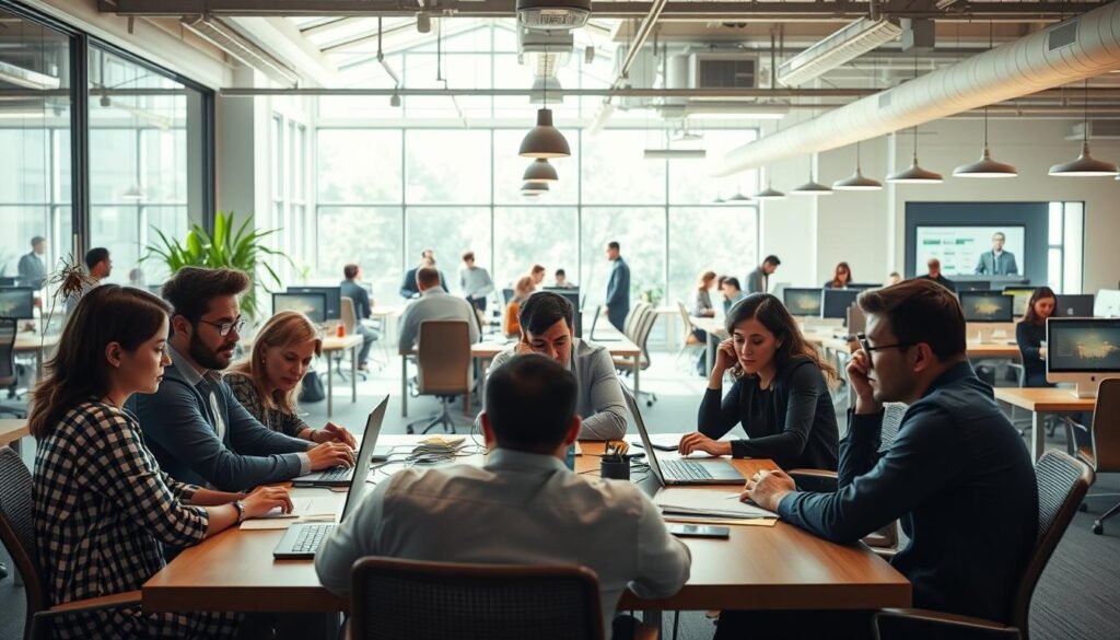A vibrant office scene depicting the challenges of hybrid work models. In the foreground, a group of professionals collaborating intently around a conference table, their expressions focused yet weary. The middle ground showcases a mix of on-site and remote workers, some engaged in virtual meetings, others navigating the physical-digital divide. The background reveals an airy, sun-lit space with a variety of workstations, hinting at the flexibility and autonomy hybrid work offers. Subtle visual cues, such as tangled cables and distracted glances, convey the critical obstacles a CEO must anticipate - coordination, communication, and cultural alignment. Rendered in a realistic, cinematic style with warm lighting and muted tones to capture the nuanced complexities of this evolving work paradigm.