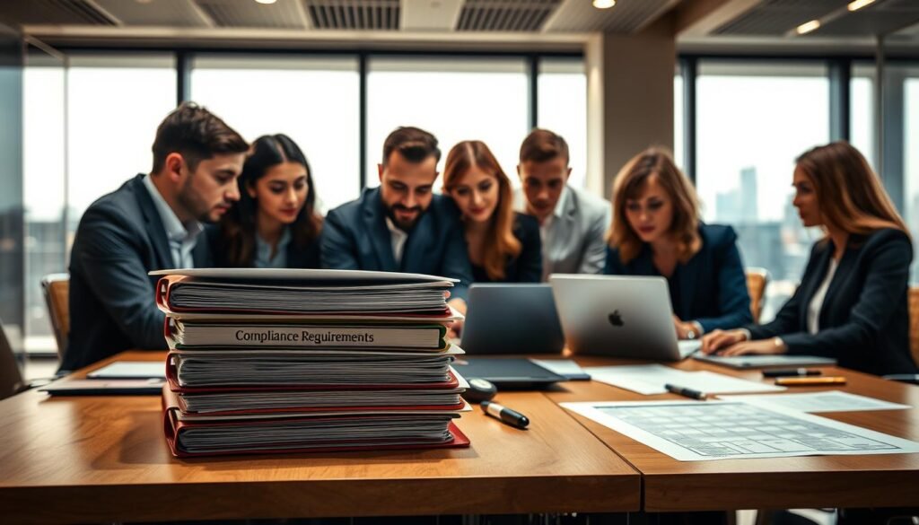 A vibrant office setting, with a team of professionals gathered around a conference table, meticulously reviewing documents and data. Warm, indirect lighting casts a focused glow, emphasizing the concentration and attention to detail. In the foreground, a stack of binders labeled "Compliance Requirements" sits atop the table, surrounded by laptops, pens, and notepads. The team members, wearing business attire, lean in, engaged in discussion, their faces reflecting the gravity of the task at hand. The background features a floor-to-ceiling window, revealing a cityscape in the distance, hinting at the broader context of the work being done. An atmosphere of professionalism and commitment to quality pervades the scene.