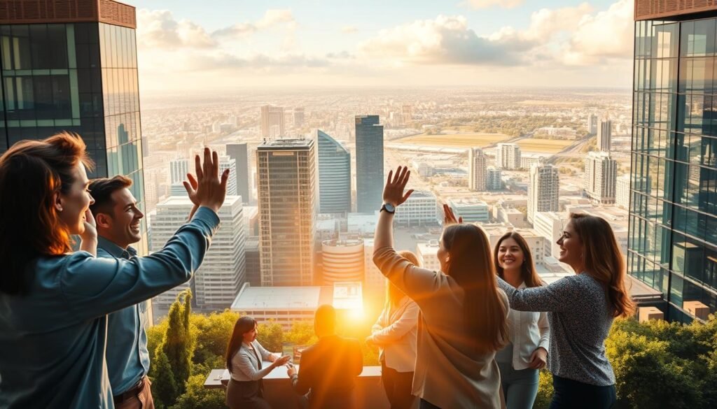 A vibrant, positive business landscape with diverse people celebrating successful outcomes. In the foreground, a group of colleagues high-fiving and embracing, their expressions radiating joy and accomplishment. The middle ground features an array of modern office buildings and collaborative workspaces, bathed in warm, golden light. In the background, a cityscape bustles with activity, conveying a sense of growth, opportunity, and a thriving economy. The overall scene exudes a palpable atmosphere of optimism, progress, and the rewarding results of hard work and innovation.