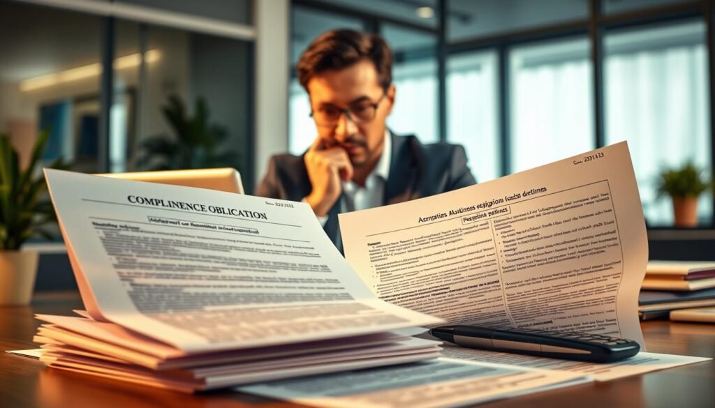 A vibrant, professionally-rendered image of compliance obligations, set against a backdrop of a modern business office. In the foreground, a series of official government documents, meticulously organized and highlighted, convey the complex web of regulations and requirements. In the middle ground, a businessperson reviews these documents, expression thoughtful and focused, surrounded by the tools of their trade - a laptop, pen, and calculator. The lighting is warm and directional, casting subtle shadows that lend depth and dimension to the scene. The overall atmosphere is one of diligence, responsibility, and a sense of the gravity of maintaining compliance in the ever-evolving landscape of business operations.
