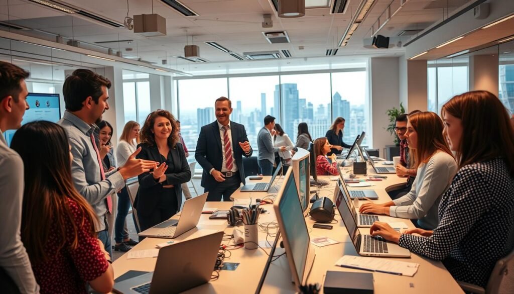 A vibrant scene of commercial marketing activity, captured with a wide-angle lens and soft, warm lighting. In the foreground, a diverse group of professionals engaged in animated discussion, gesturing towards a sleek presentation display. The middle ground features a bustling open-plan office, desks adorned with laptops and paperwork, with employees collaborating at various workstations. In the background, a panoramic view of a modern city skyline, hinting at the far-reaching impact of the marketing efforts. The overall atmosphere conveys a sense of creativity, innovation, and a drive to connect with target audiences effectively.