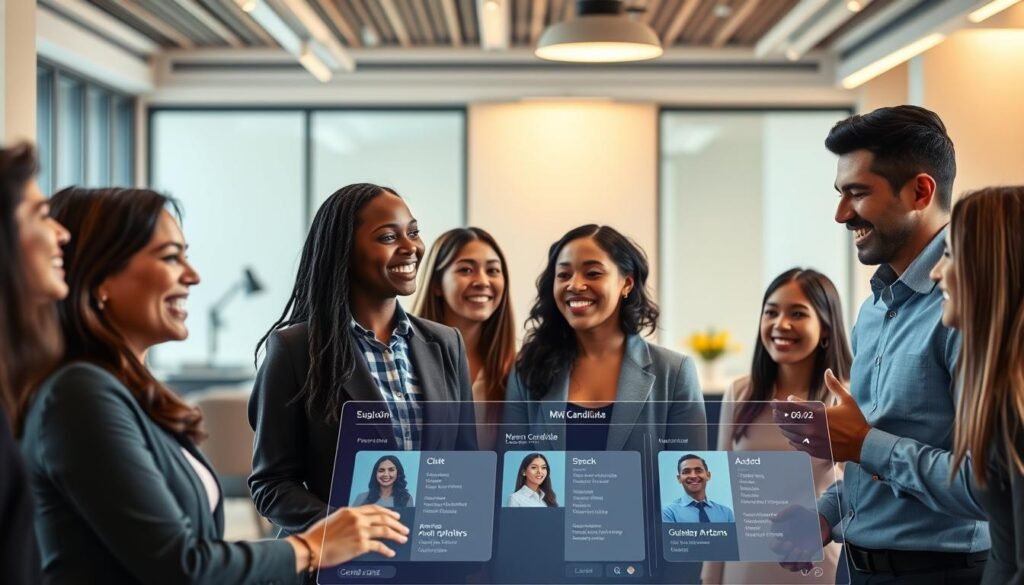 A vibrant scene showcasing the benefits of AI-powered executive recruitment. In the foreground, a group of diverse professionals engaged in lively discussions, their faces expressing satisfaction and excitement. In the middle ground, a sleek, futuristic recruitment interface displays personalized candidate profiles, streamlining the selection process. The background features a stylized, minimalist office environment, with clean lines, warm lighting, and subtle nods to technological advancements. The overall atmosphere conveys efficiency, precision, and a positive candidate experience, all enabled by the transformative power of artificial intelligence.