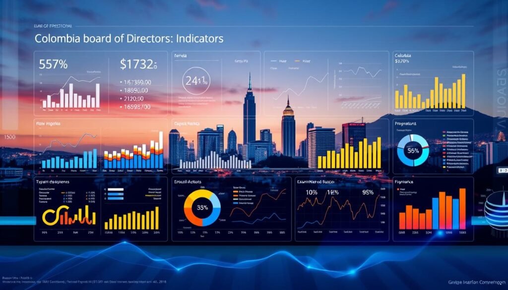 A vibrant visualization of the Colombian board of directors market indicators, captured in a dynamic, data-driven composition. In the foreground, a sleek, modern dashboard displays key metrics and analytics, rendered in a crisp, high-resolution format. The middle ground features an array of dynamic charts and graphs, each conveying insights into the latest trends and developments within the Colombian corporate governance landscape. In the background, a subtle cityscape of Bogotá serves as a contextual backdrop, hinting at the broader economic and business environment. The overall scene exudes a sense of authority, professionalism, and forward-thinking, reflecting the sophistication and vitality of the Colombian boardroom ecosystem.