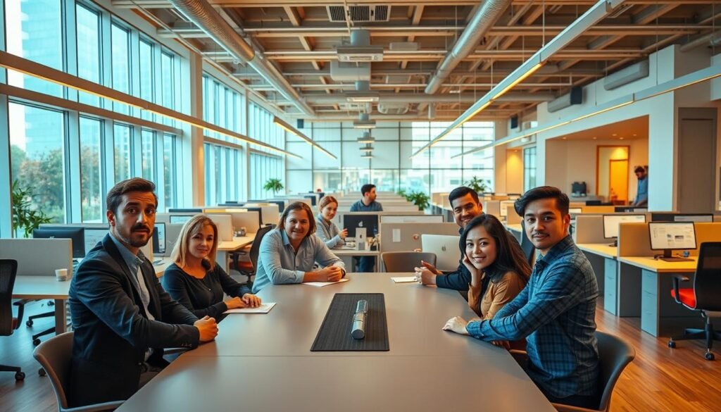 A vibrant, well-organized office space showcasing the "equipos" (teams) within a renewable energy company. In the foreground, a group of professionals collaborating around a sleek, modern conference table, their expressions focused and engaged. The middle ground features an open-concept layout with cubicles and workstations, each team's area delineated by subtle color schemes and personalized decor. The background boasts floor-to-ceiling windows, allowing natural light to flood the space and highlighting the company's commitment to sustainability. Warm, ambient lighting casts a soft, professional glow, while the overall atmosphere conveys a sense of productivity, efficiency, and teamwork.