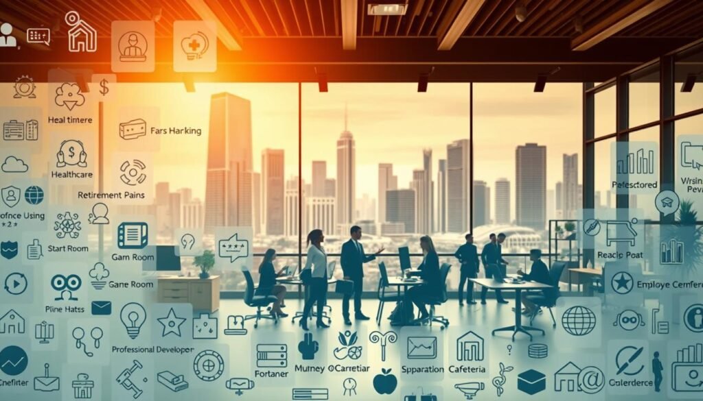 A visually striking scene depicting the diverse range of employee benefits and perks. In the foreground, a mosaic of icons representing healthcare, retirement plans, stock options, and professional development opportunities. In the middle ground, a group of office workers enjoying a collaborative workspace with modern amenities like a game room, fitness center, and gourmet cafeteria. In the background, a cityscape with towering skyscrapers, symbolizing the dynamic corporate environment. Warm, natural lighting casts a soft glow, conveying a sense of comfort and workplace satisfaction. The overall composition evokes a harmonious balance between employee wellbeing and organizational success.