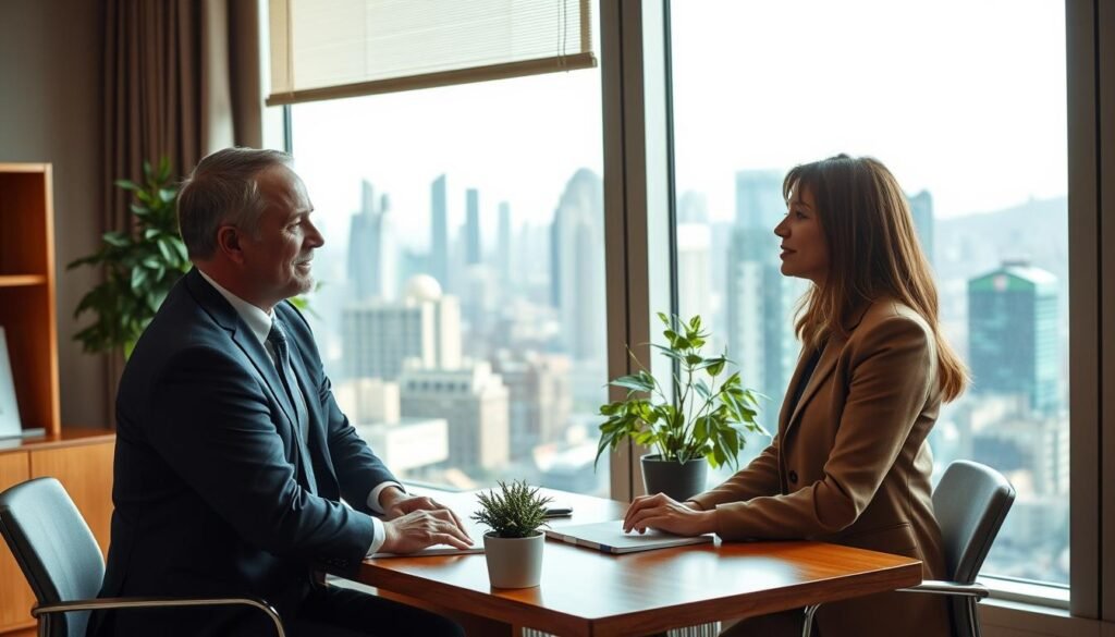 A warm and inviting office setting, with a wooden desk, a potted plant, and a large window overlooking a bustling city skyline. Two business professionals, a man and a woman, are engaged in a thoughtful discussion, their body language conveying a sense of openness, trust, and mutual understanding. The lighting is soft and natural, creating a sense of calm and intimacy. The overall mood is one of professionalism, collaboration, and a shared commitment to effective communication and building strong relationships.