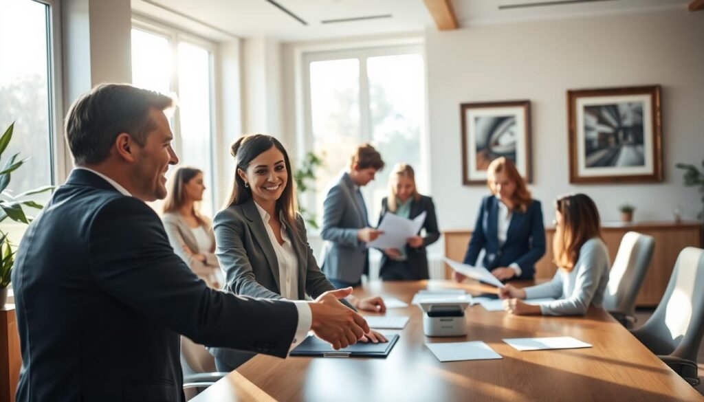 A warm, welcoming office interior with a team of professionals collaborating around a conference table. Soft natural lighting filters through large windows, casting a pleasant glow on the scene. In the foreground, two businesspeople shake hands, expressions of satisfaction and success. In the middle ground, colleagues review documents and exchange ideas, their body language conveying a sense of productive camaraderie. The background features tasteful decor and framed artwork, suggesting a sophisticated, upscale environment. The overall atmosphere is one of professional achievement, client satisfaction, and a job well done.